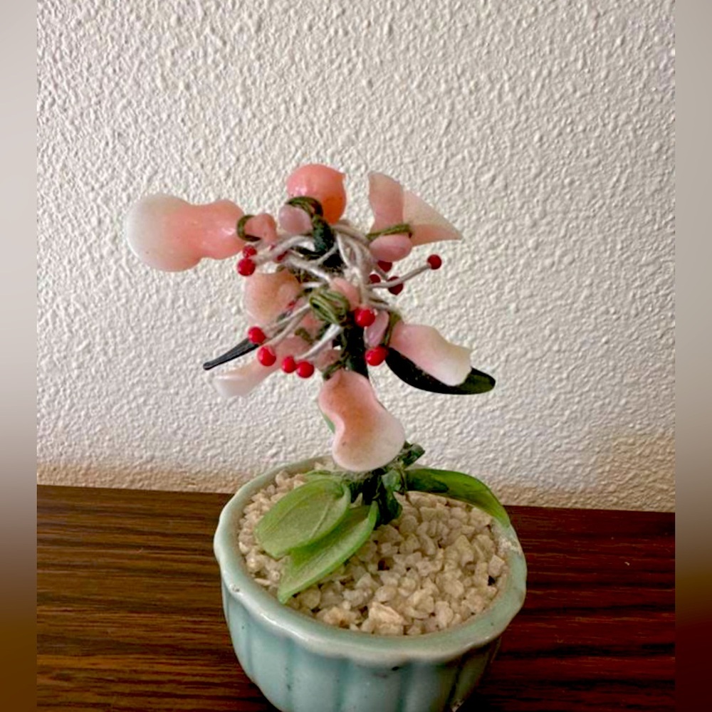 VINTAGE JADE GLASS CHERRY BLOSSOM TREE PINK FLOWER ROSE QUARTZ CELADON POT.